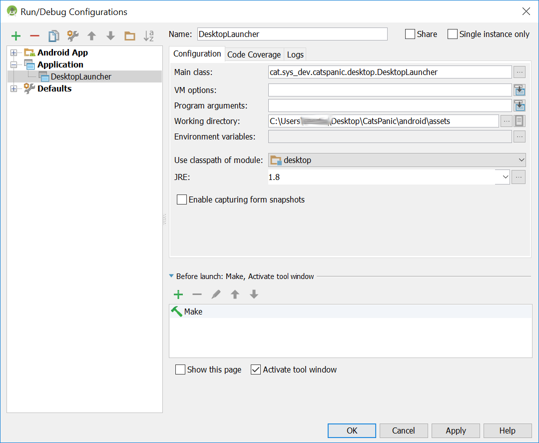 Screenshot showing the config in Android Studio